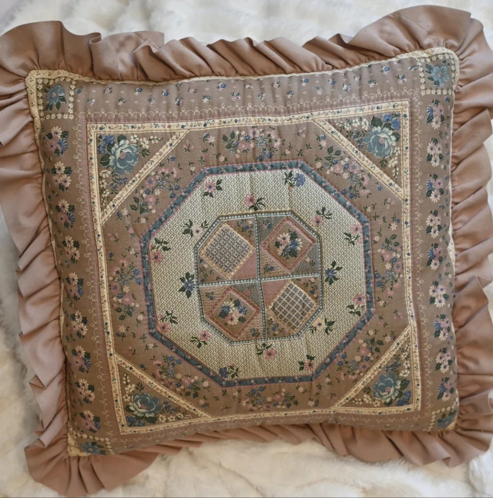 Floral Patchwork Quilted Accent Pillow 14X14 Old Rose Cottagecore Removable Case